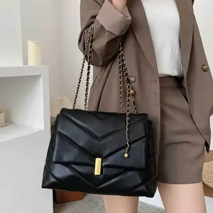 Bernie Luxe Shoulder Bag - Chevron Quilted Vegan Leather with Leather & Chain Strap - Stylish Flap Design for Everyday Use - Perfect for Coffee Dates & Brunch