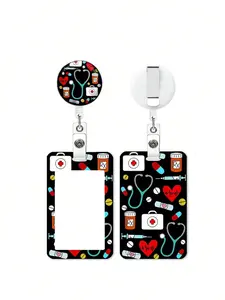 Medical Theme Badge Holder with Lanyard, ID Name Tag, Spring Clip, Durable Plastic Card Case, Keychain Protection Set for Nurses Doctors Teachers