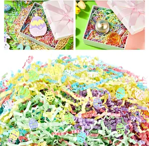 1 lb Easter Crinkle Cut Paper with Egg Confetti, Pastel Paper Shred Filler Strand Raffia Grass Tissue Crinkle Gift Box Basket Packing Fillers Spring Wedding Birthday Party Supplies