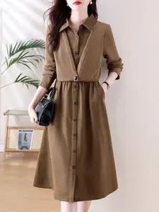 Women's Elegant Waffle Knit Vest Dress, Faux Suede Long Sleeve Button Design, Casual Commute Shopping Date Party Skirt with Pockets