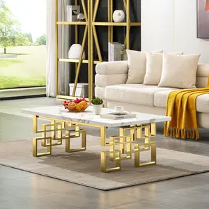 AUZ Gold Coffee Table, White and Gold Rectangle Living Room Tea Table, Sofa Coffee Table for Living Room, Guest Hall, Reception Room