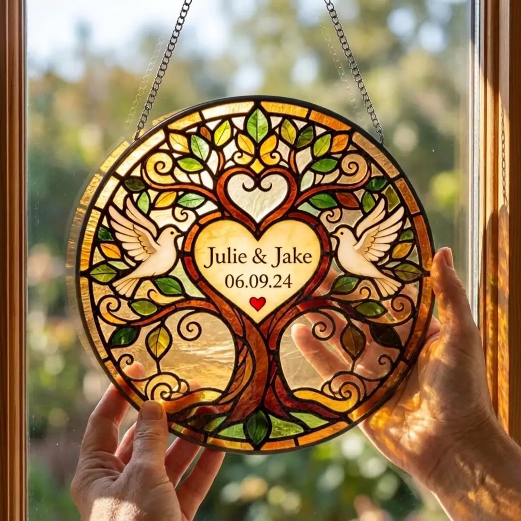 Personalized Tree of Life Stained Glass Suncatcher - Custom Name & Date Hangable Floral Ornaments, Couple Love Doves Acrylic Panel Decor, Sunflower-Themed Wedding Anniversary Window Hanging Gift for Couples
