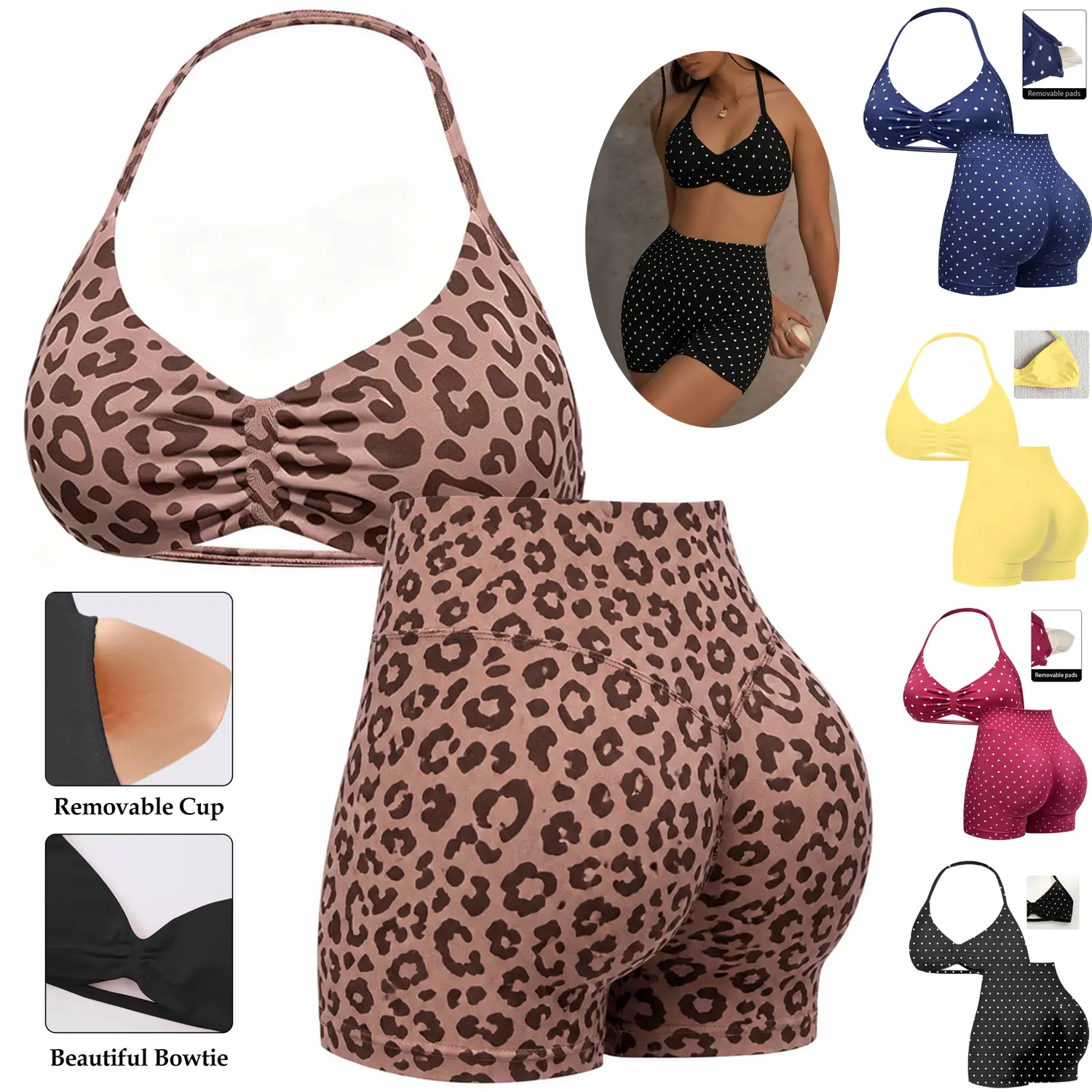 2 Piece Workout Sets for Women, Halter Neck Sports Bra & High Waist Scrunch Butt Shorts Seamless Ribbed Knit Stretchy Fabric Gym Yoga Outfits Summer Suits Womenswear Swimwear Suit