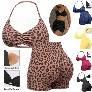 2 Piece Workout Sets for Women, Halter Neck Sports Bra & High Waist Scrunch Butt Shorts Seamless Ribbed Knit Stretchy Fabric Gym Yoga Outfits Summer Suits Womenswear Swimwear Suit