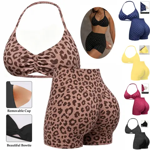Women's 2-Piece Athleisure Exercise Clothing Set - Seamless Ribbed Knit Halter Neck Sports Bra, High Waist Scrunch Butt Slim Fit Shorts, Stretchy Gymwear for Gym, Workout, Summer Sporty Style Clothes (Polka Dot Option Available, Fitness Outfit Athleisure)