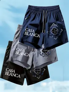 3-Pack Casablanca Print Quick-Dry Sport Shorts, Men's Elastic Waist Fitness Shorts with Zip Pockets, Casual Athletic Wear for All Seasons