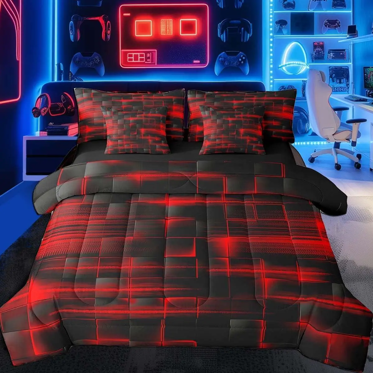 Red Black Bedding Set Boys Girls Geometric Strip Lines Comforter Set with Sheets 7 Piece for Bed in a Bag Abstract Modern Bed Set with Comforter,Sheets,Pillowcases