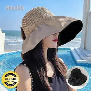 Women's UPF 50+ Wide Brim Sun Hat with Bowknot | SunSafeTok BeachTok That Girl Aesthetic Packable Foldable Storage Pouch Bucket Hat | for Beach Fishing Hiking Garden Pool Summer Outdoor Wear