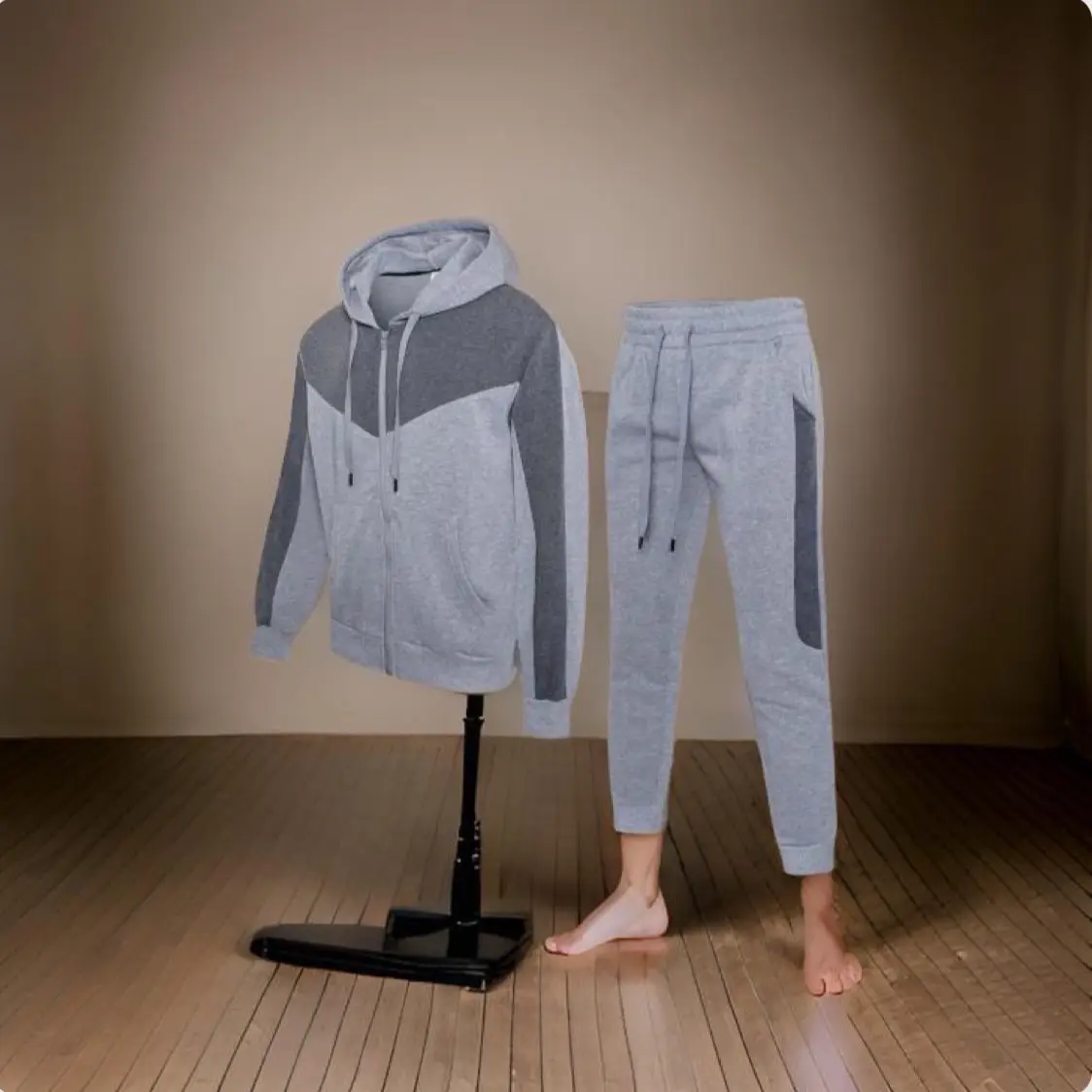 Polyester Cotton Fleece Track Suit - Gray Hooded Sweatshirt & Pants Set with Hood, Front Zipper, and Comfortable Fit