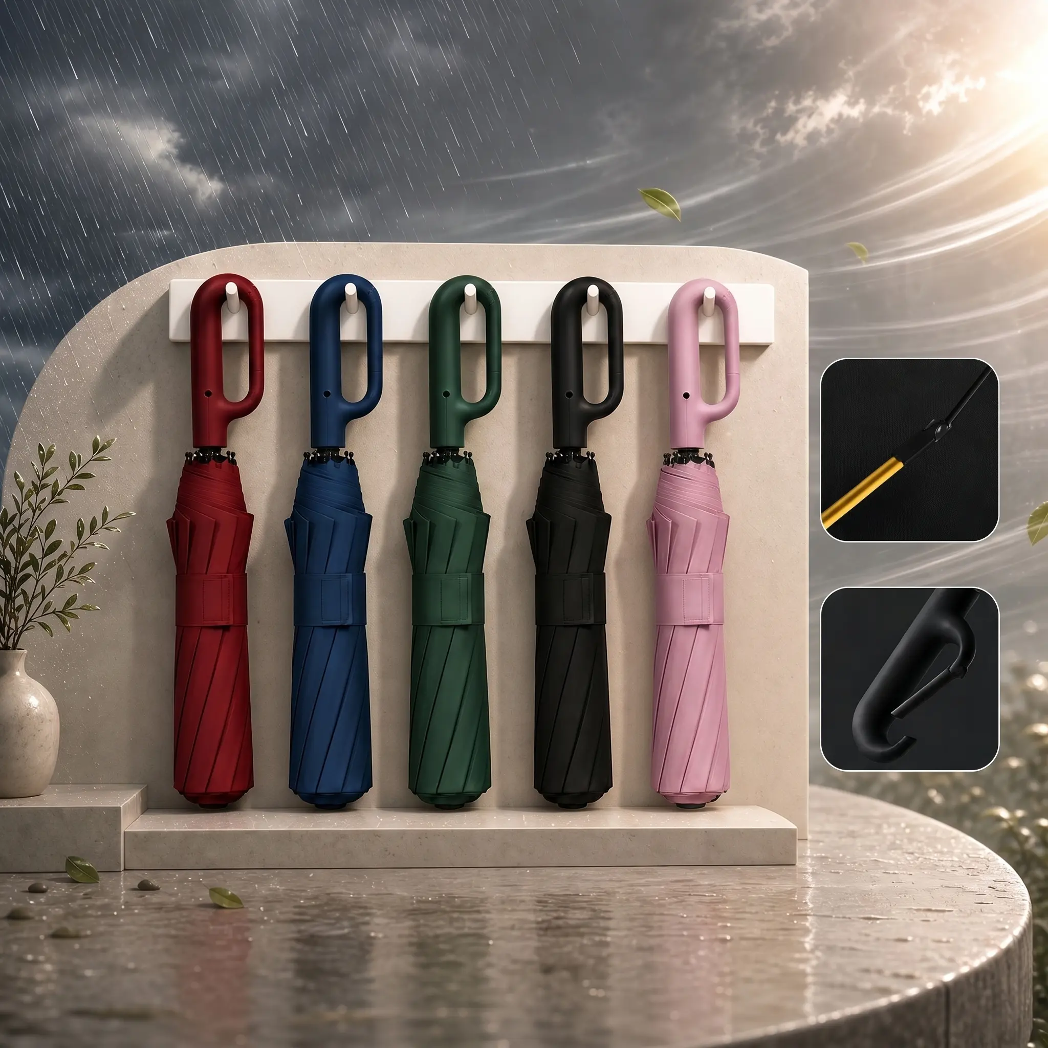 Automatic Open & Close Folding Umbrella, Ring Handle Design, Waterproof Windproof Sun Protection, Lightweight Portable Umbrella for Men & Women