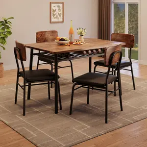 Garvee 4-Person Dining Table Set with Storage Rack 5-Piece, Heavy-Duty Metal Frame Wood Kitchen Table & 4 Upholstered Chairs, Compact Dining Set for Small Space Apartment Home