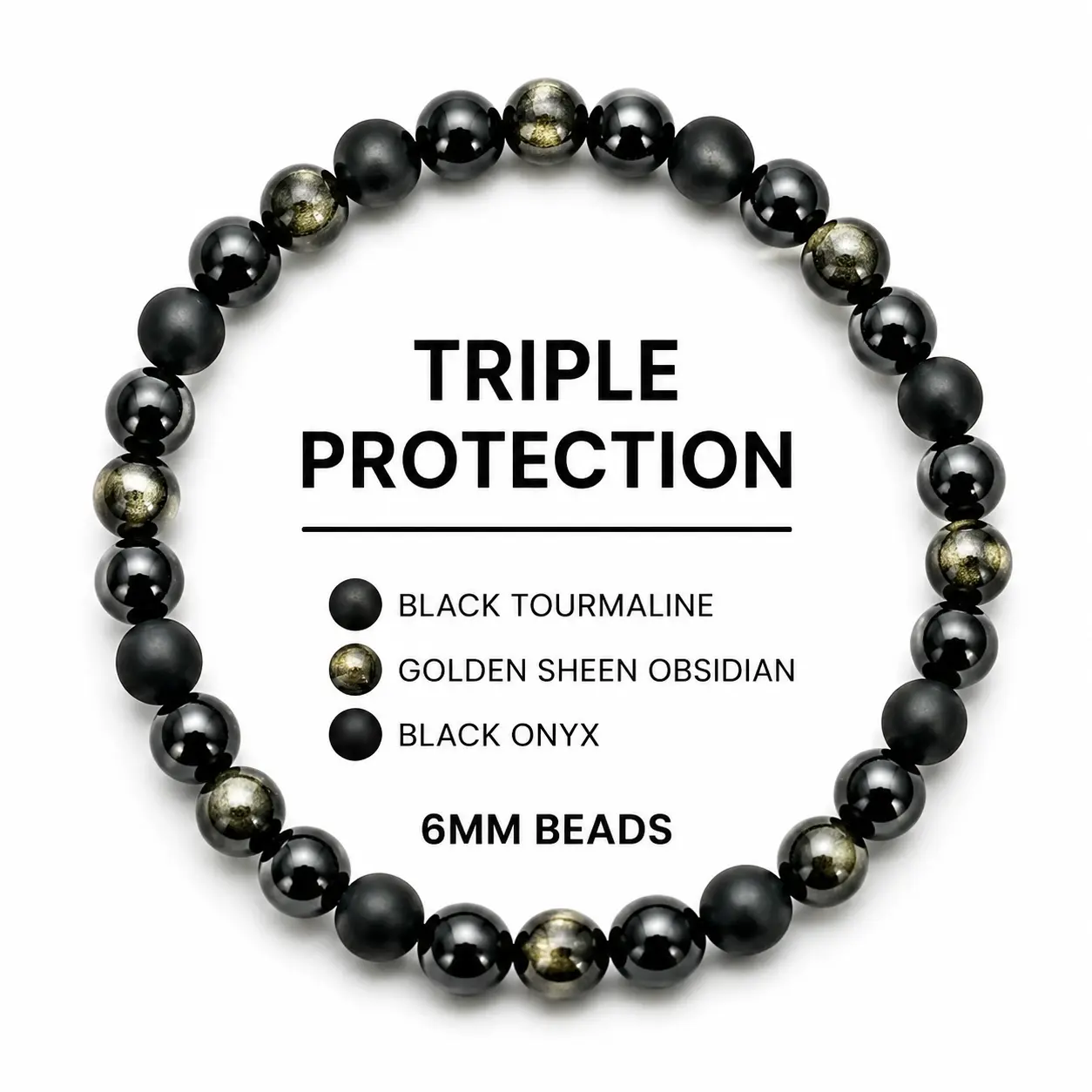 Black Onyx Tourmaline Bracelets for Women Men Triple Protection Obsidian Hematite Natural Crystal Elastic Adjustable Handmade Yoga Beads Bracelet Lucky Feng Shui  Spiritual Gift