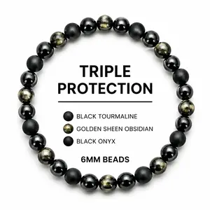 Black Onyx Tourmaline Bracelets for Women Men Triple Protection Obsidian Hematite Natural Crystal Elastic Adjustable Handmade Yoga Beads Bracelet Lucky Feng Shui Jewelry Spiritual Gift