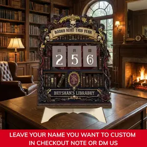 Personalized Gothic Book Tracker Sign – Dark Academia Library Decor with Skull Accents and Custom Name Reading Log for Book Lovers Gift