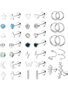 19 Pairs Flat Back Earrings for Women Men Steel Earrings Hypoallergenic Zirconia Star Moon Stud Earrings Silver Helix Earrings Cartilage Hoop Earrings Set for Multiple Piercings Stud Earring Jewelry