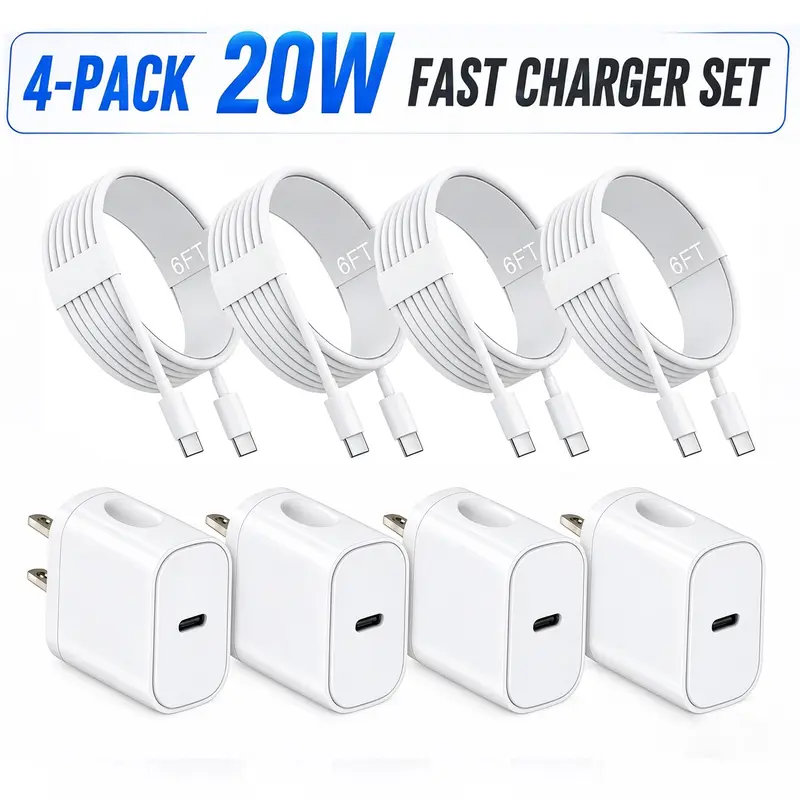 4-Pack 20W USB C Fast Charger for iPhone 18 17 16 15 Pro Max, Type C Wall Charger Block with 6FT USB C to USB C Cable, PD Fast Charging Power Adapter for iPad Pro Air Mini, Samsung Galaxy, Pixel, Android