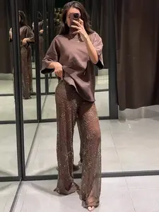 Brown Beaded Pants Women's Pants Autumn Spring Elegant Sequin Semi-Sheer Mid-Waist Trousers Fashion Sparkly High Street Pants