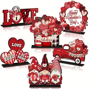 Valentine's Day Wooden Desktop Decoration, 6 Counts/set Heart & Car & Rose Design Desktop Ornament, Desktop Decoration for Home Office Farmhouse Kitchen