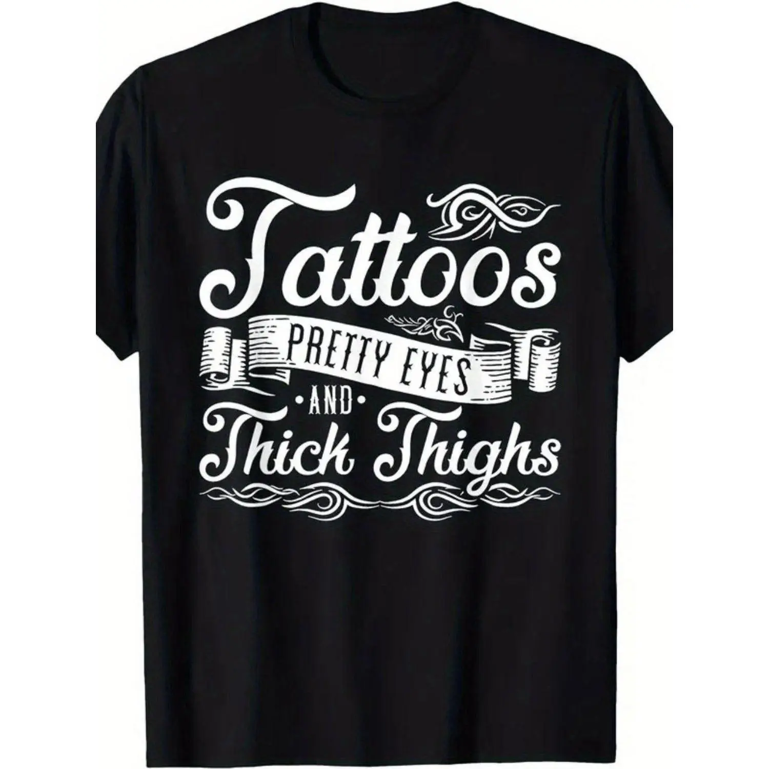 Women's Plus Size Short-Sleeve Round Neck T-Shirt, Bold Black Graphic Top with Eye-Catching Thigh Tattoo Design, Oversized Casual All-Season Statement Tee