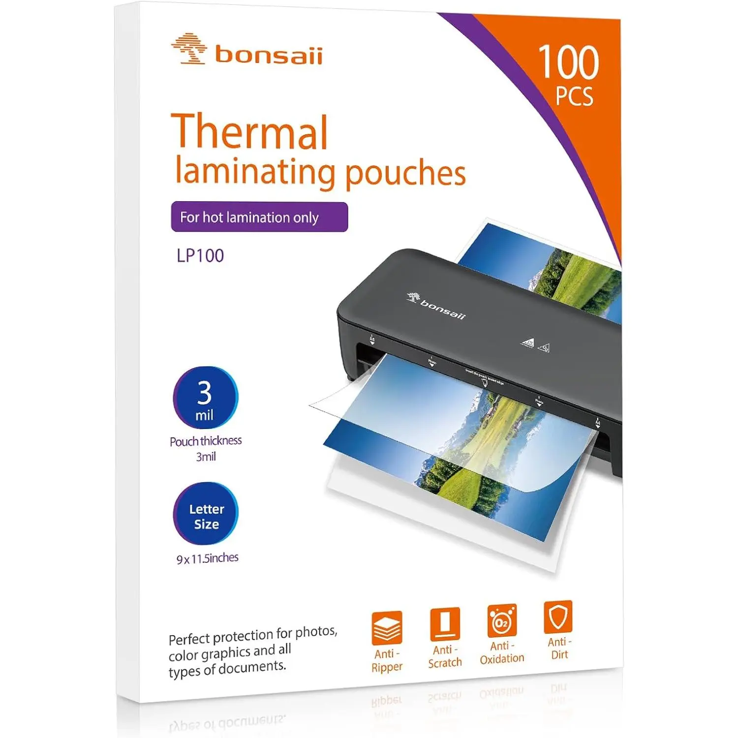 Bonsaii Plastic Thermal Laminating Sheets - 100 PCS, 3mil Thickness, Letter Size (9x11.5 in), Durable Pouches Compatible with All Laminators for Office Use