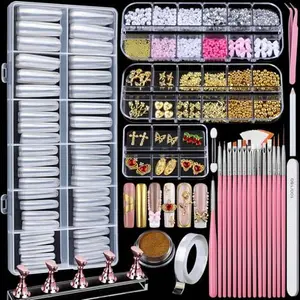 Teenitor Square Nail Tips with Nail Charms Nail Art Brushes, 240pcs XXL Fake Nails with Nail Stand for Extensions, Clear Acrylic Nail Tips Gel Nails Long Full Coverage