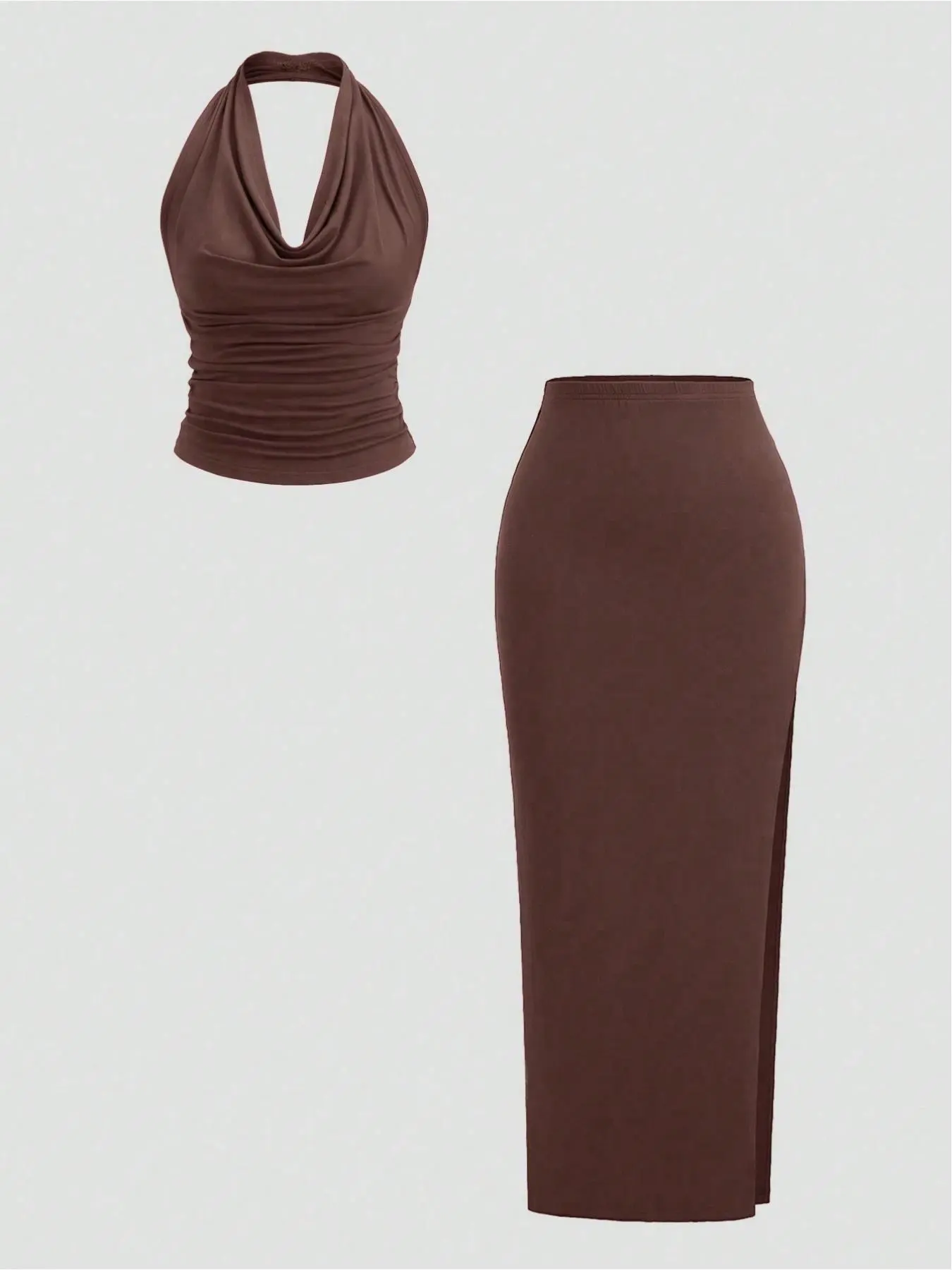 Chic Solid Color Knit Halter Neck Long Dress Two-Piece Set, Elegant Waist-Defining Design with High Slit, Perfect for Special Occasions - TikTok Shop Chic Solid Color Knit Halter Neck Long Dress Two-Piece Set, Elegant Waist-Defining Design with High Slit, Perfect for Special Occasions - TikTok Shop