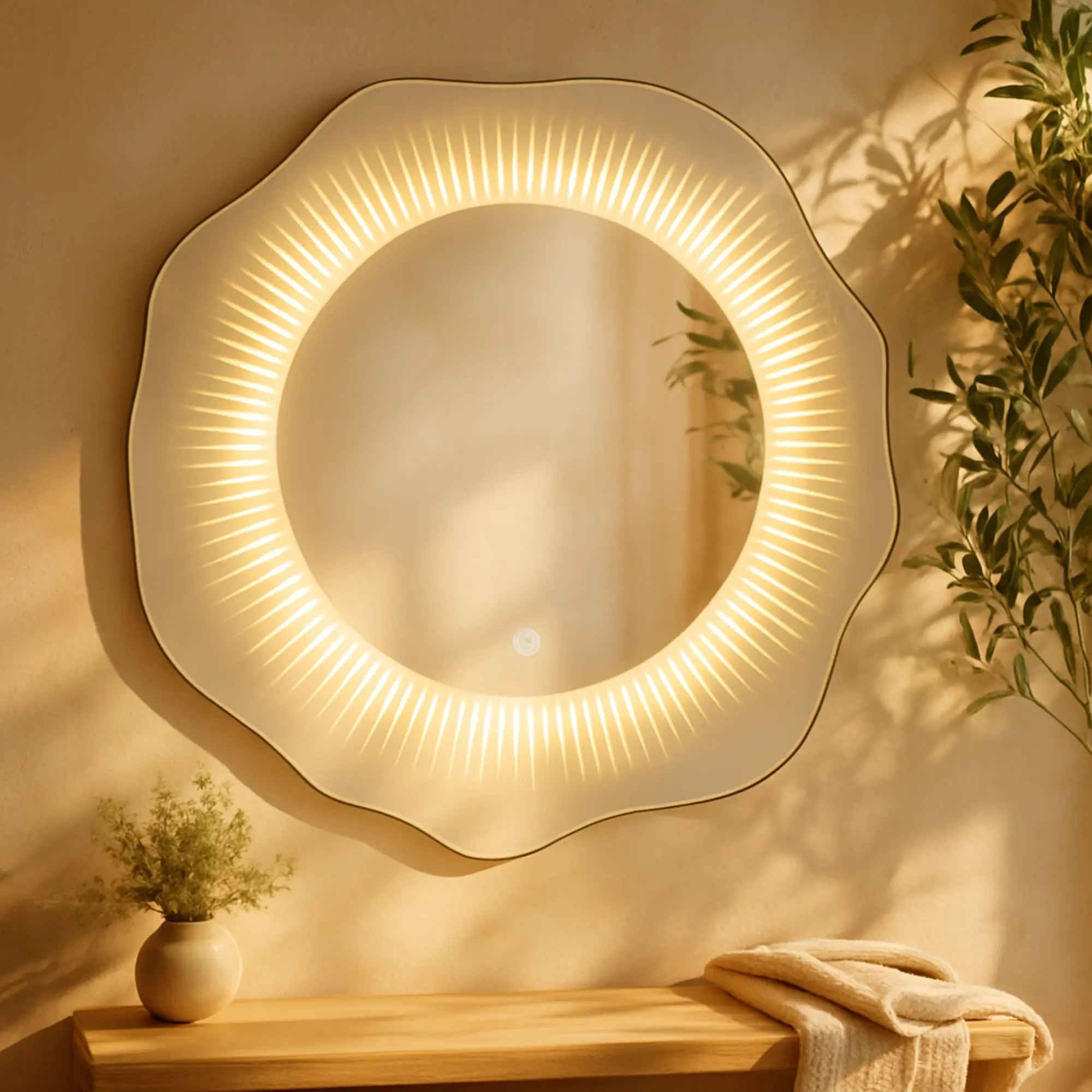 Abstract Silver Glass Wavy LED Room Wall Mirror with Radial Pattern