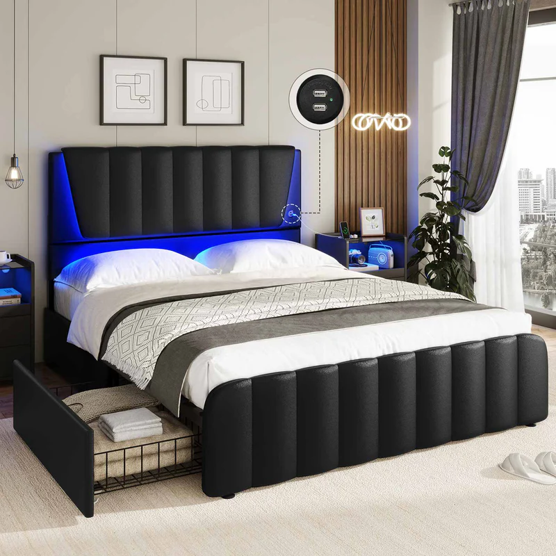Sikaic LED Bed Frame With USB Ports Adjustable Headboard And 4 Storage Drawers Apartment Furniture Bedroom Set Upholstered Platform Bedframe