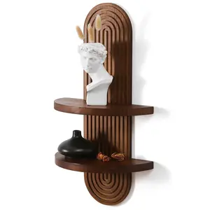 Modern Wall Shelf Mid-Century Double Floating Rainbow Shelves Arched Wood Design 22 x 11.6 Inch Walnut