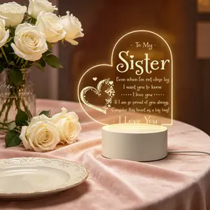 To My Sister Flat Acrylic LED Night Light, Heart Butterfly Sentimental Hug Lamp, Sister Birthday Christmas Gift Warm Glow Desktop Bedside Bedroom Decor Lamp