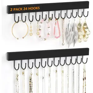 Jewelry Organizer Wall Mounted 2 Pack, Wooden Necklace Holder Wall Hanger with 24 Hooks for Hanging Necklaces and Jewelry Storage, Black