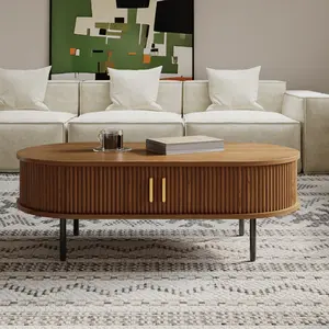 47" Oval Wood Fluted Coffee Table with Storage, Mid-Century Modern, with Sliding Doors, Walnut Color, 2 Cabinets, for Living Room