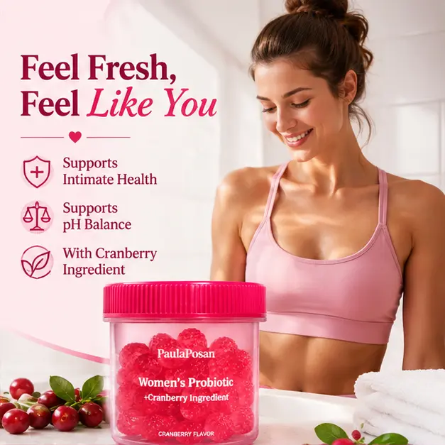PaulaPosan Women’s Chewable Probiotic Gummies with Cranberry Extract, Daily Feminine Balance & Supplemental Nutrition Support, Gut & Digestive Health, Vegan, Gluten-Free, Soy-Free, 40 Count, Daily Supplemental Nutrition Support