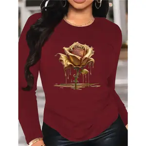 Women's Long Sleeve T-Shirt Elegant Golden Dripping Rose Graphic Tee Luxurious And Artistic Top For Casual Daily Wear Special Occasions And Fashion - Forward Style Statements
