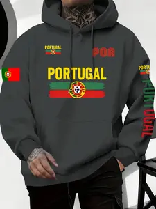 Men's Portugal Flag Print Hoodie, Drawstring & Kangaroo Pocket, Comfortable Casual Fashion Pullover, Trendy Sports Top