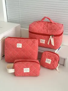 Raspberry Checkerboard Four-Piece Set Vintage High-Value Niche Large Capacity Ins Style Zipper Portable Travel Storage Bag Suitable for Girls Women