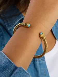 Autumn Ladies' Gold Bracelet Classic Open Bracelet Stainless Steel 18k Gold-Plated Waterproof Inlaid Blue Turquoise Bohemian-Style Jewelry Ribbed Bracelet, A Must-Have for Autumn Outfits, Twisted Bracelet