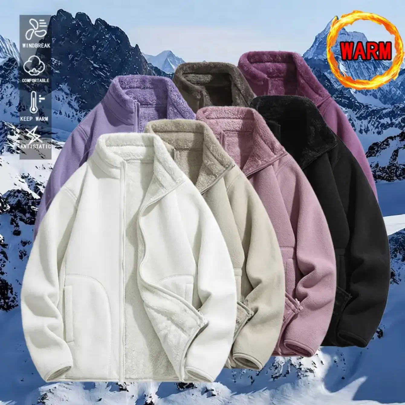Women’s autumn/winter reversible fleece jacket with stand collar and full zipper, thick plush fleece for warmth