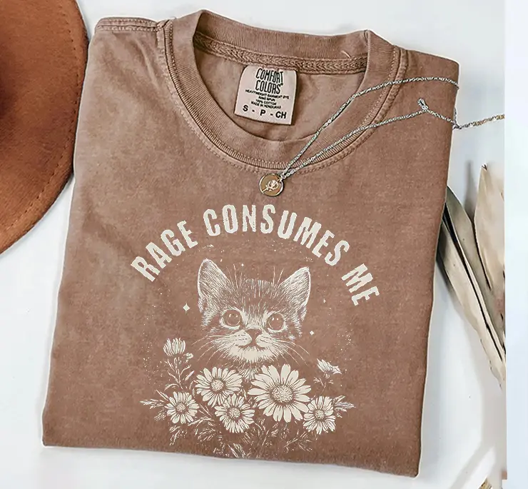 Comfort Colors Rage Consumes Me Cat Graphic Tee, Funny Cat Lover Shirt Women, Dark Humor Aesthetic Kitten Flower T-Shirt