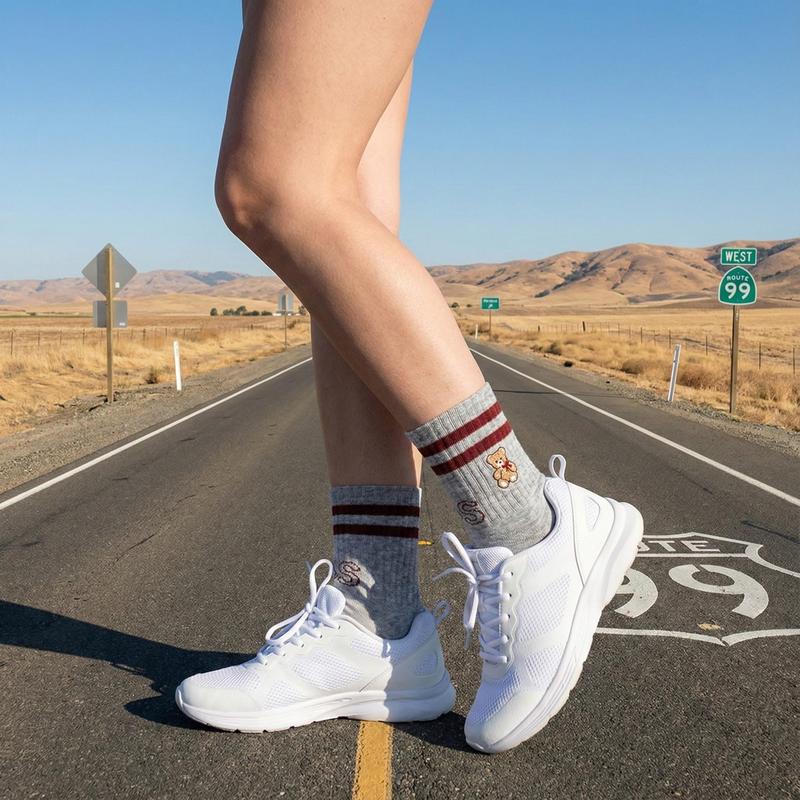 Auravia Women's Cute Teddy Bear Cotton Quarter Ankle Socks 5 Pairs Striped Patterns Breathable Sweat-Wicking Preppy Style Everyday Wear Soft Comfortable Stylish Casual Womenswear