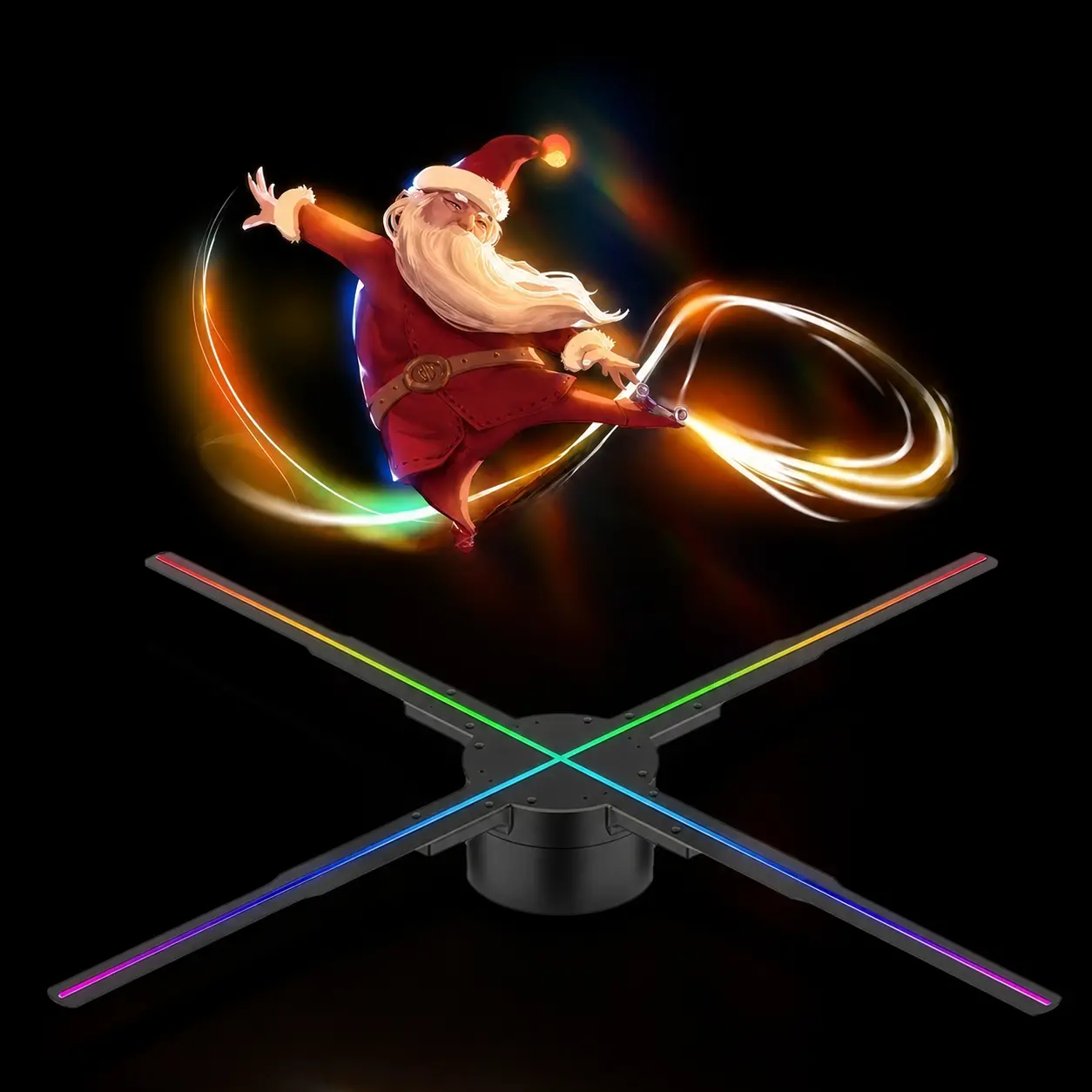 Quriov 3D Holographic Projection Fan, Dual-blade LED Display Projector with 224 RGB Lights, WiFi/APP Control Projector for Advertising, Parties, Commercial, Audio Colorful