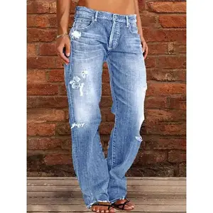 1 Pair Women's Low Rise Ripped Bootcut Wide Leg Stretch Denim Jeans - Vintage Distressed Water-Washed Casual Streetwear, Machine Washable, US Sizes XS-XXL Can be used with raincoat