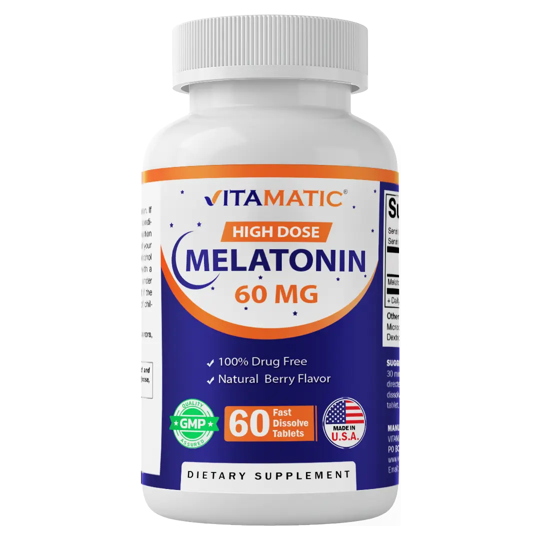 Vitamatic Edible Melatonin 60mg Fast Dissolve Dietary Tablets - 60 Vegan, Natural Berry Flavor, Non-Habit Forming, Non-GMO, Gluten-Free Self Care Products Sleep Supplements (1 Bottle)