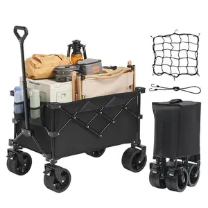 Collapsible Folding Wagon Beach Wagon Cart with All-Terrain Wheels Drink Holders Sports Wagon for Camping Shopping