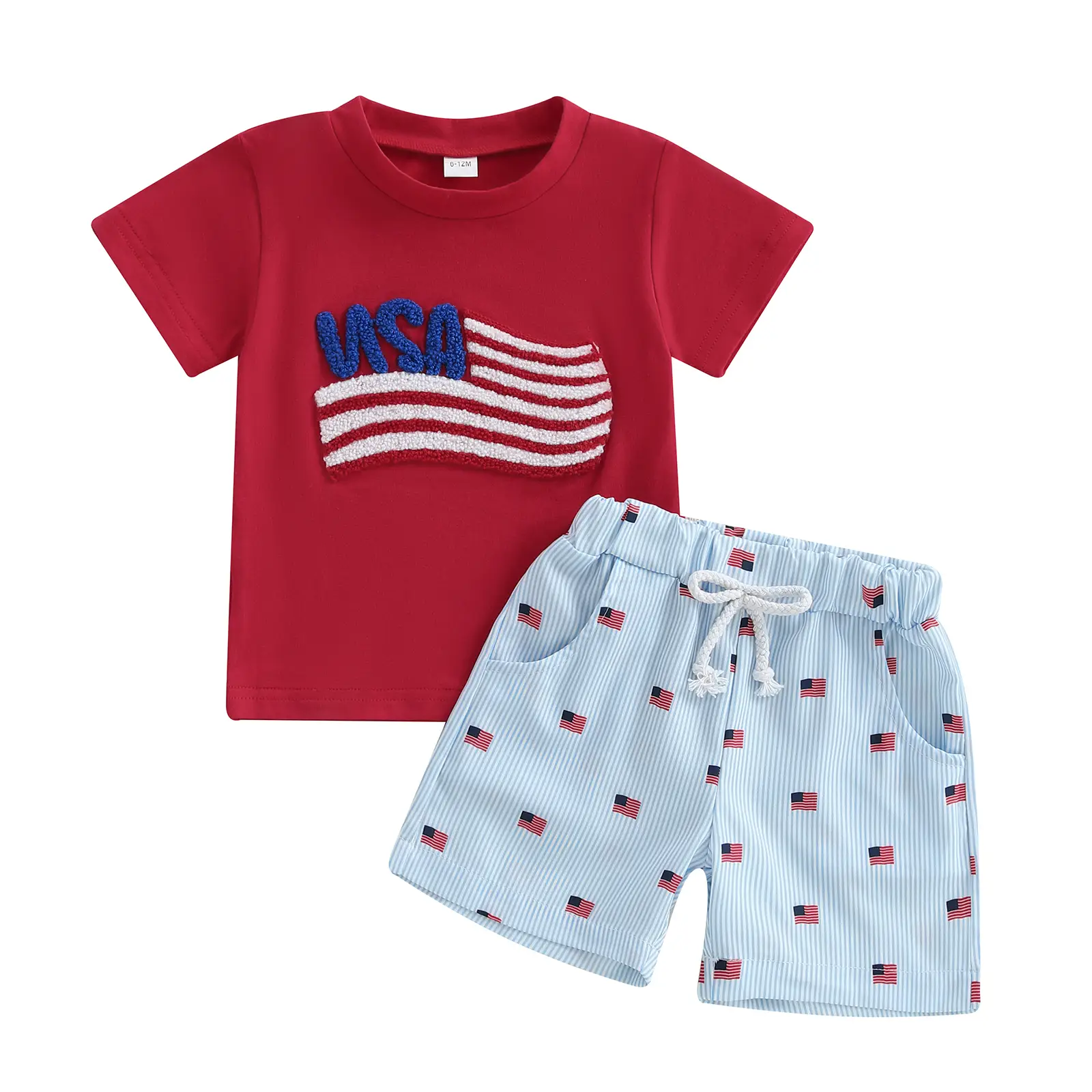 REDWOON Baby Toddler Boys Patriotic Outfits 6 12 18 24 Months 2T 3T 4T Flag Embroidery Short Sleeves T-Shirt and Elastic Striped Shorts Set