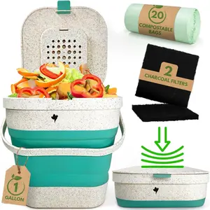 Collapsible Small Compost Bin with Lid - 1 Gallon Compost Bucket    Made of Wheat Straw - Odorless Counter Top Compost Bin for Kitchen with 20 Compost Bags and 2 Carbon Filters