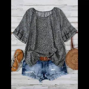 [Plus Size]All Over Print Ruffle Layered Sleeve Blouse, Casual Short Sleeve Round Neck Top for Daily Wear, Women's Plus Clothing for All Seasons, Womenswear, Tops for Women, Blouses for Women Fitted Shirts Shortsleeve Chic Style Woven cottagecore  outfit