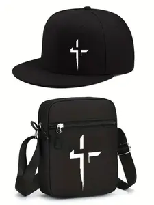 Creative Visual Cross Pattern Print Unisex Flat Brim Hip-Hop Baseball Cap and Shoulder Bag, Adjustable, Street Fashion Outdoor Sports Hat, Graphic Hat