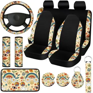 15  Boho Hippie car seat Covers Full Set，Daisy Rear Front Seat Protector Steering Wheel Cover Seat Belt Cover Armrest Pad Cup Mat Keychain Wrist Strap,Cute Car Accessories for Women