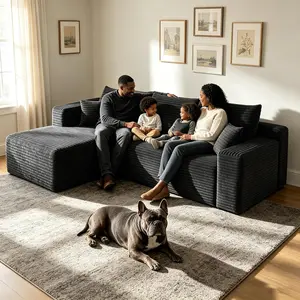 94" Black Boneless Couch with Left-Facing Chaise for Living Room, Corduroy L-Shaped Sectional Couches, Compressed Memory Foam Cloud Sofa, No Assembly Required, Black